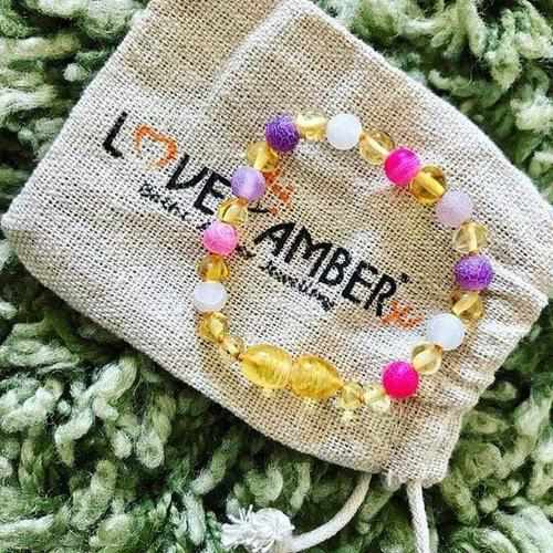 Child Amelie Pink Purple Agate Honey Baltic Amber Anklet