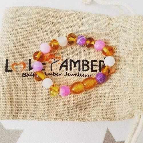 Child Amelie Pink Purple Agate Honey Baltic Amber Anklet