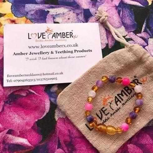 Child Amelie Pink Purple Agate Honey Baltic Amber Anklet
