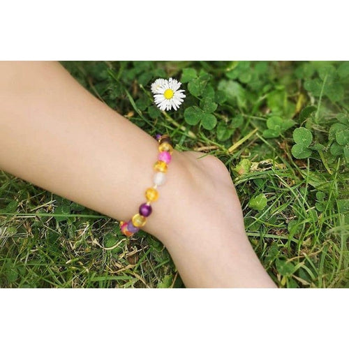 Child Amelie Pink Purple Agate Honey Baltic Amber Anklet