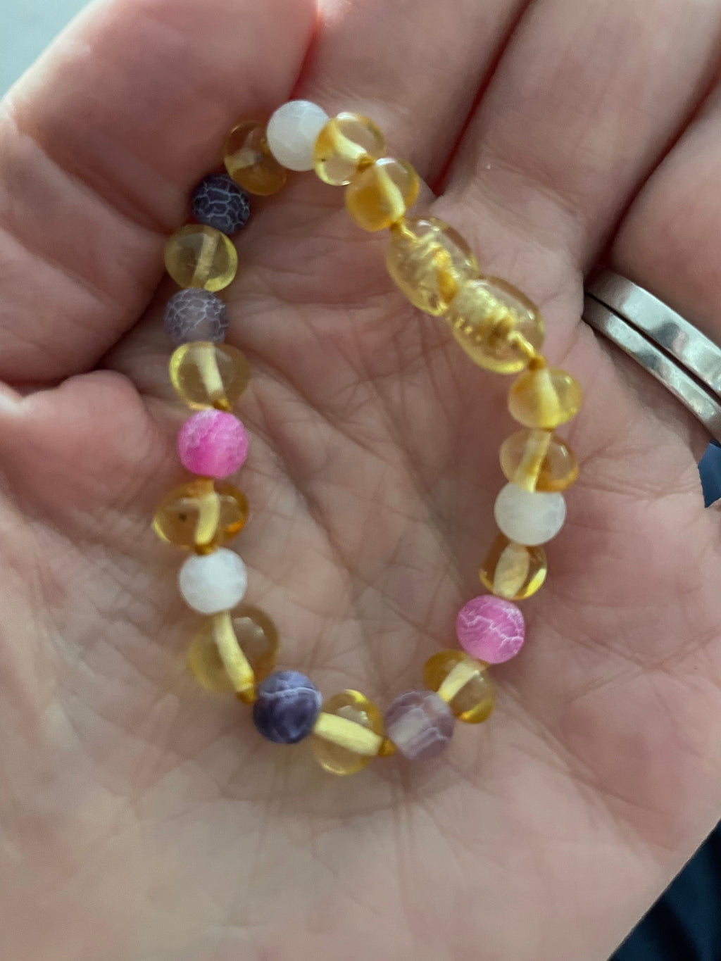 Child Amelie Pink Purple Agate Honey Baltic Amber Anklet