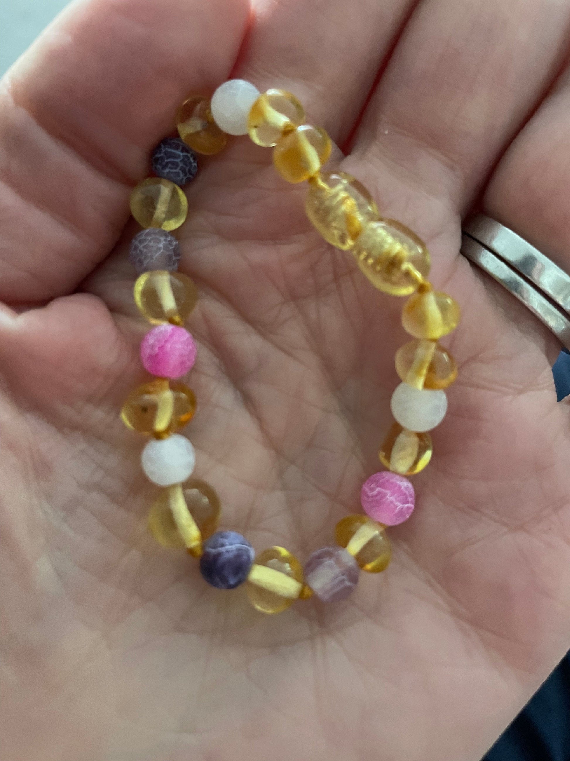 Child Amelie Pink Purple Agate Honey Baltic Amber Anklet