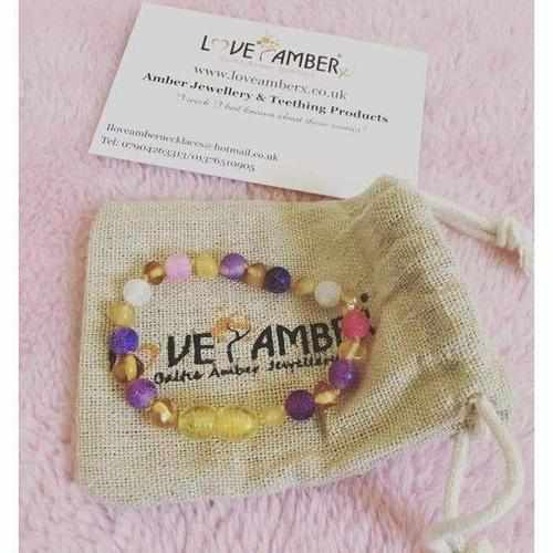 Child Amelie Pink Purple Agate Honey Baltic Amber Anklet