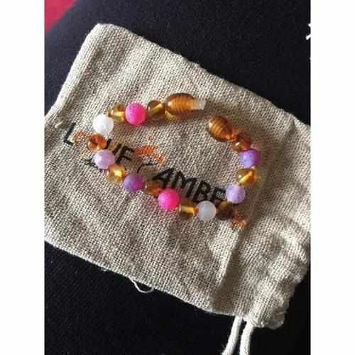 Child Amelie Pink Purple Agate Honey Baltic Amber Anklet