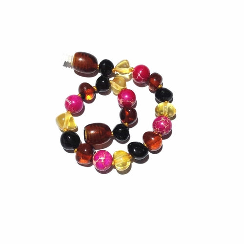 Child Cherry Bomb Pink Jasper and Rainbow Baltic Amber Anklet Bracelet