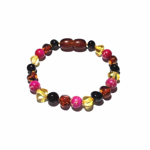 Child Cherry Bomb Pink Jasper and Rainbow Baltic Amber Anklet Bracelet