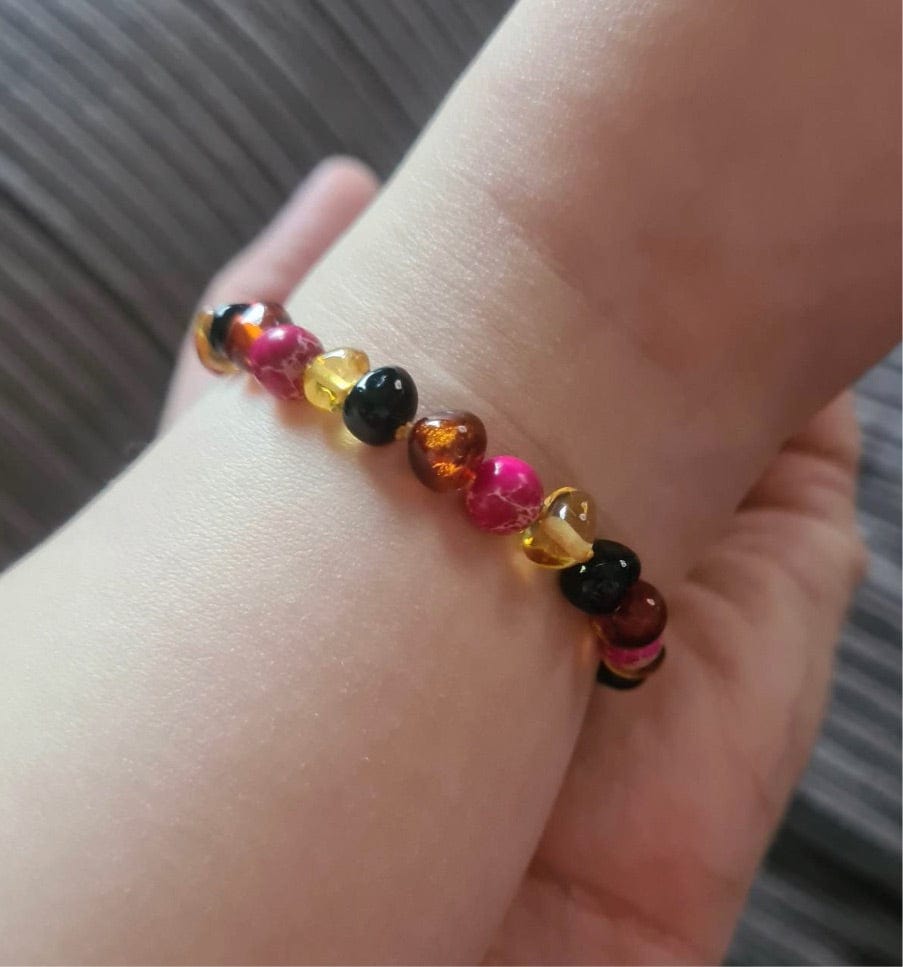 Child Cherry Bomb Pink Jasper and Rainbow Baltic Amber Anklet Bracelet