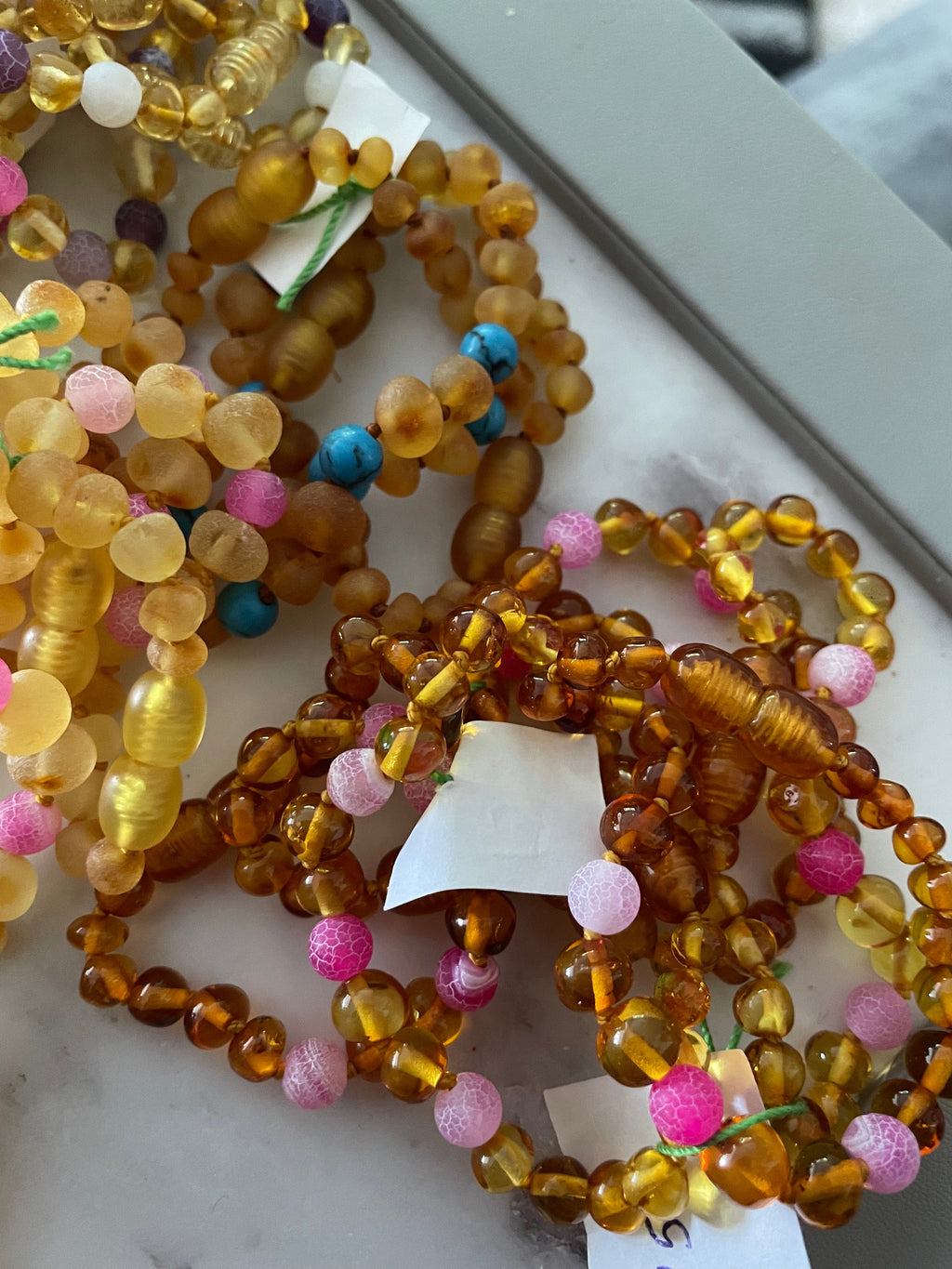 Child Honeysuckle Pink Agate Polished Honey Baltic Amber Anklet Bracelet