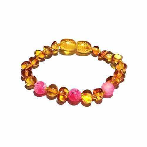 Child Honeysuckle Pink Agate Polished Honey Baltic Amber Anklet Bracelet