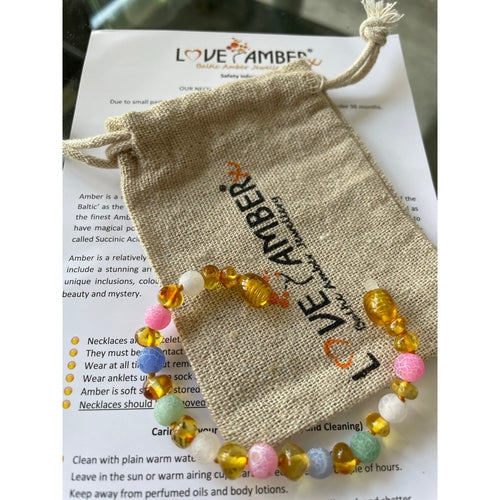 Child Mermaid Pink Blue Green Dragon Agate and Honey Baltic Amber Anklet