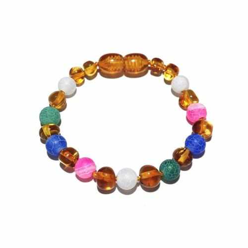 Child Mermaid Pink Blue Green Dragon Agate and Honey Baltic Amber Anklet