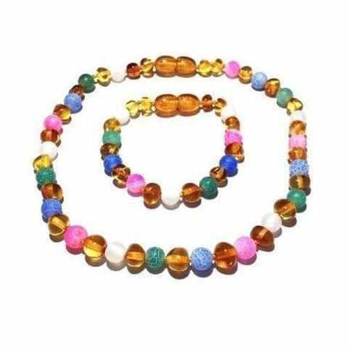 Child Mermaid Pink Blue Green Dragon Agate and Honey Baltic Amber Anklet