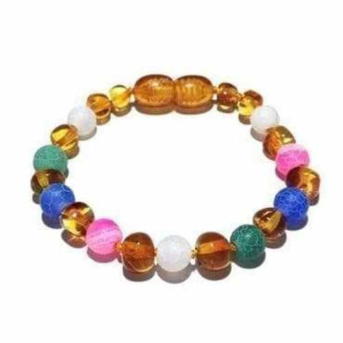 Child Mermaid Pink Blue Green Dragon Agate and Honey Baltic Amber Anklet