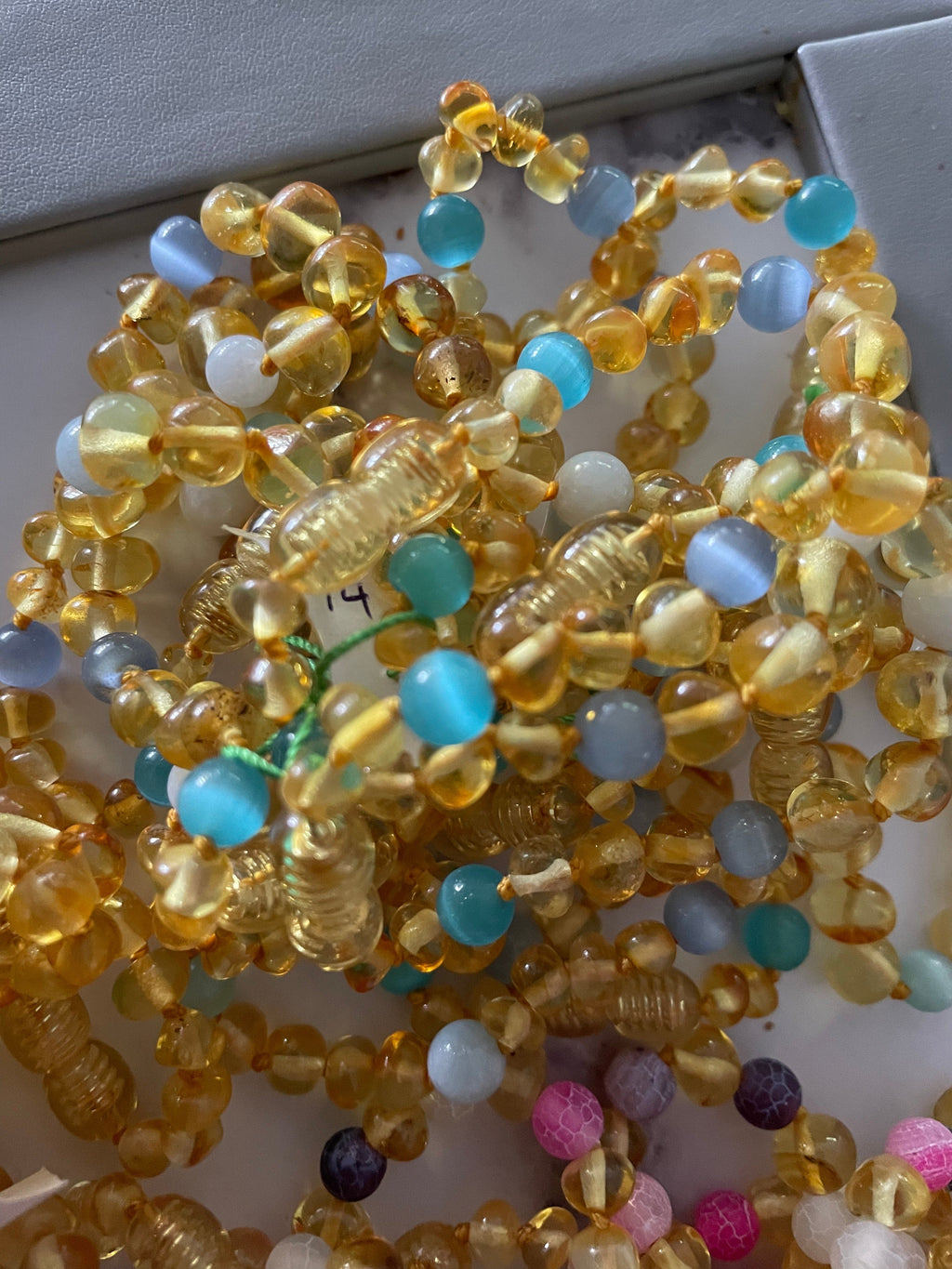 Blue Cats Eyes Aquamarine Genuine Baltic Amber Anklet Bracelet for Children