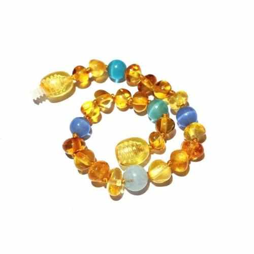 Blue Cats Eyes Aquamarine Genuine Baltic Amber Anklet Bracelet for Children