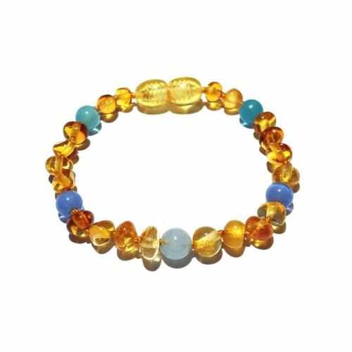 Blue Cats Eyes Aquamarine Genuine Baltic Amber Anklet Bracelet for Children