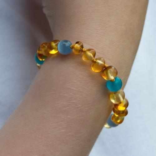 Blue Cats Eyes Aquamarine Genuine Baltic Amber Anklet Bracelet for Children