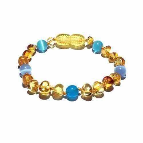 Blue Cats Eyes Aquamarine Genuine Baltic Amber Anklet Bracelet for Children