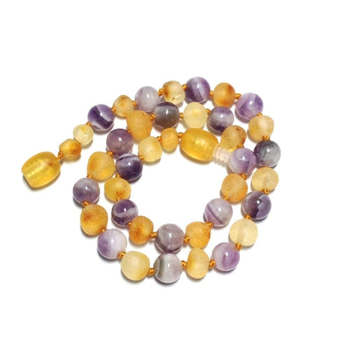Child Purple Amethyst and Raw Honey Baltic Amber Necklace