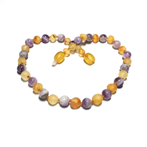 Child Purple Amethyst and Raw Honey Baltic Amber Necklace