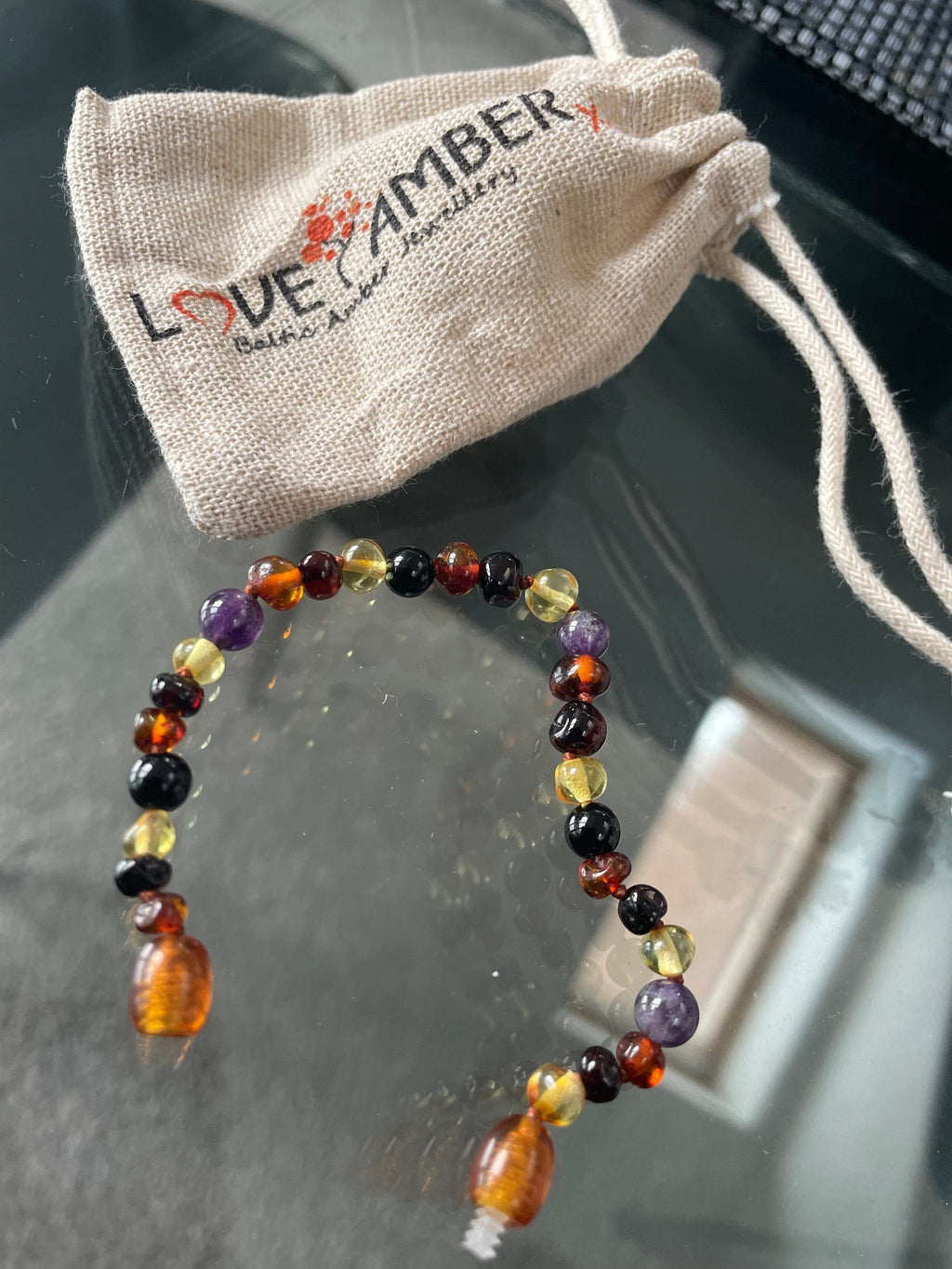 Child Amethyst Shungite Polished Baltic Amber Anklet Bracelet