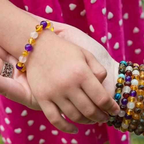 Child Amethyst and Rose Quartz Baltic Amber Anklet Bracelet