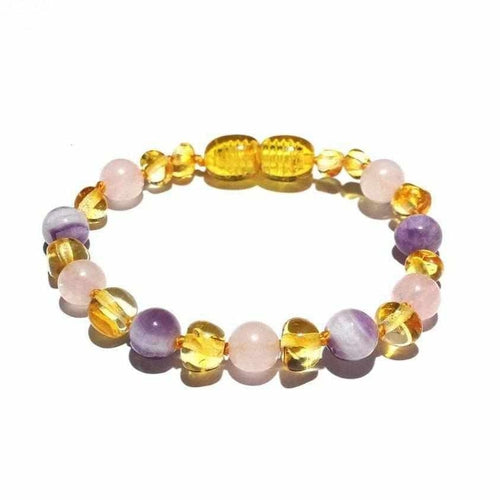 Child Amethyst and Rose Quartz Baltic Amber Anklet Bracelet