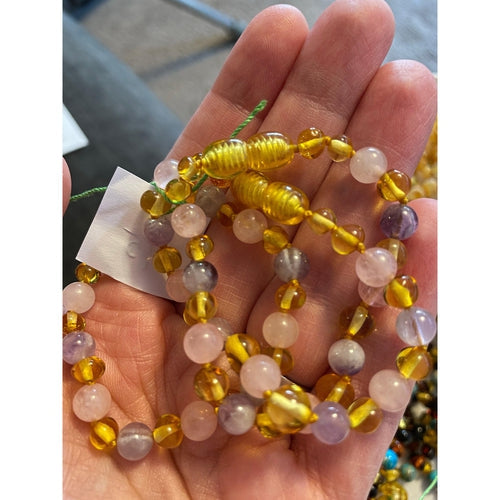 Child Amethyst and Rose Quartz Baltic Amber Anklet Bracelet