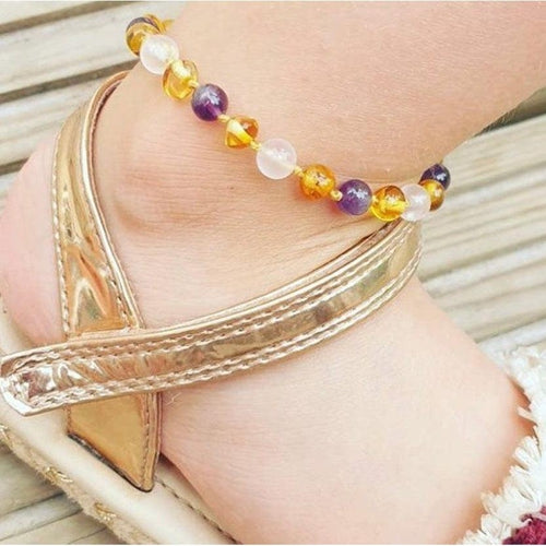 Child Amethyst and Rose Quartz Baltic Amber Anklet Bracelet