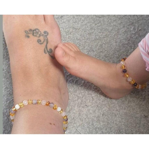 Child Amethyst and Rose Quartz Baltic Amber Anklet Bracelet