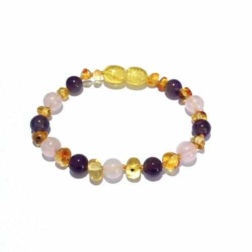 Child Amethyst and Rose Quartz Baltic Amber Anklet Bracelet