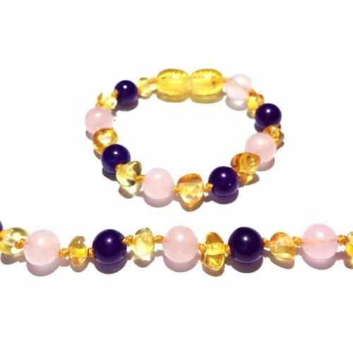Child Amethyst and Rose Quartz Baltic Amber Anklet Bracelet