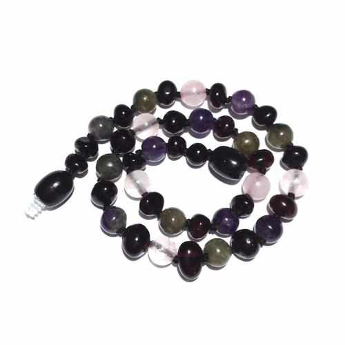 Child's Gemstone Necklace with Black Cherry Baltic Amber, Amethyst and Rose Quartz