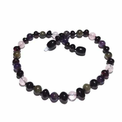 Child's Gemstone Necklace with Black Cherry Baltic Amber, Amethyst and Rose Quartz