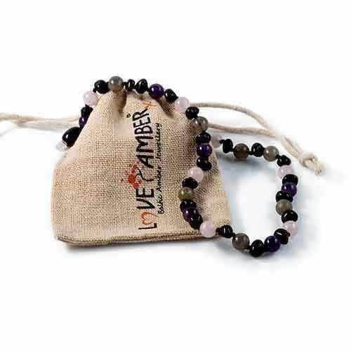 Child's Gemstone Necklace with Black Cherry Baltic Amber, Amethyst and Rose Quartz