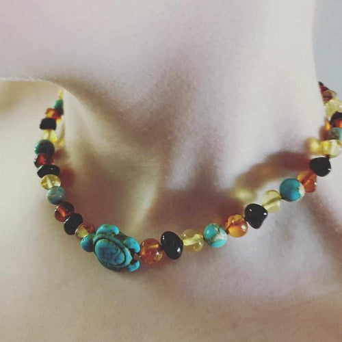 Child's Blue Koopa Turtle Necklace with Rainbow Baltic Amber and Jasper