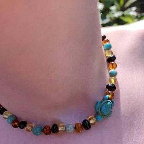 Child's Blue Koopa Turtle Necklace with Rainbow Baltic Amber and Jasper