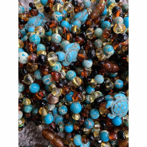 Child's Blue Koopa Turtle Necklace with Rainbow Baltic Amber and Jasper