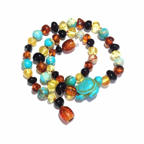 Child's Blue Koopa Turtle Necklace with Rainbow Baltic Amber and Jasper