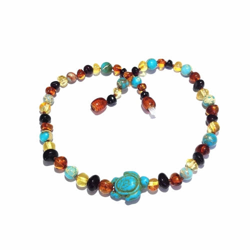 Child's Blue Koopa Turtle Necklace with Rainbow Baltic Amber and Jasper