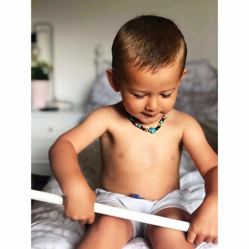 Child's Blue Koopa Turtle Necklace with Rainbow Baltic Amber and Jasper