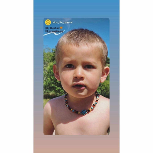 Child's Blue Koopa Turtle Necklace with Rainbow Baltic Amber and Jasper