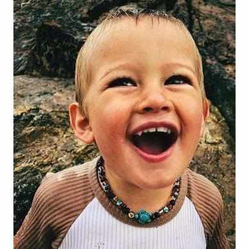 Child's Blue Koopa Turtle Necklace with Rainbow Baltic Amber and Jasper