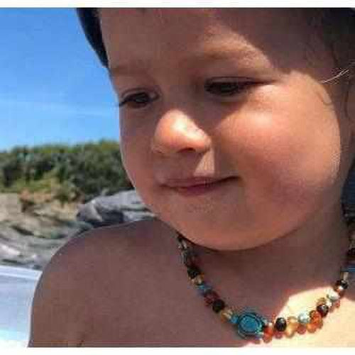 Child's Blue Koopa Turtle Necklace with Rainbow Baltic Amber and Jasper