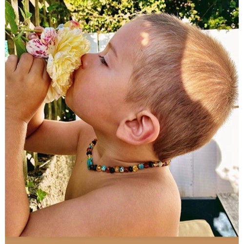 Child's Blue Koopa Turtle Necklace with Rainbow Baltic Amber and Jasper
