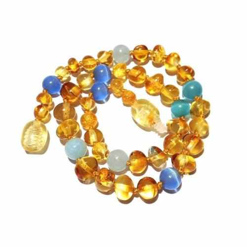 Child's Baltic Amber Blue Cats Eyes Aquamarine Beads Necklace