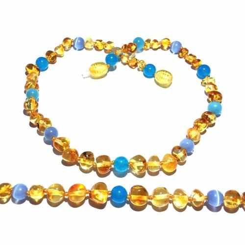 Child's Baltic Amber Blue Cats Eyes Aquamarine Beads Necklace