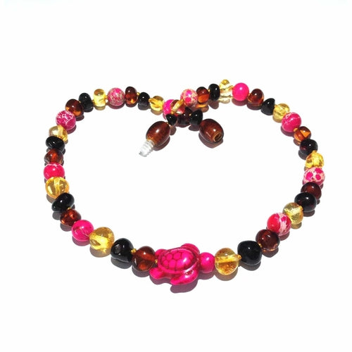 Child's Shelly Pink Turtle Necklace with Rainbow Baltic Amber and Jasper