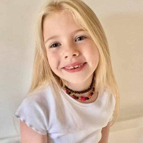 Child's Shelly Pink Turtle Necklace with Rainbow Baltic Amber and Jasper