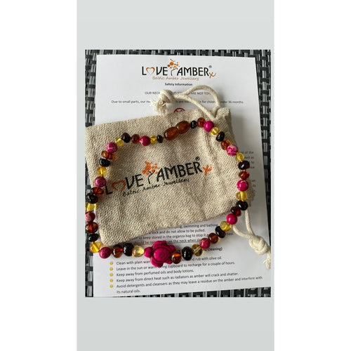 Child's Shelly Pink Turtle Necklace with Rainbow Baltic Amber and Jasper